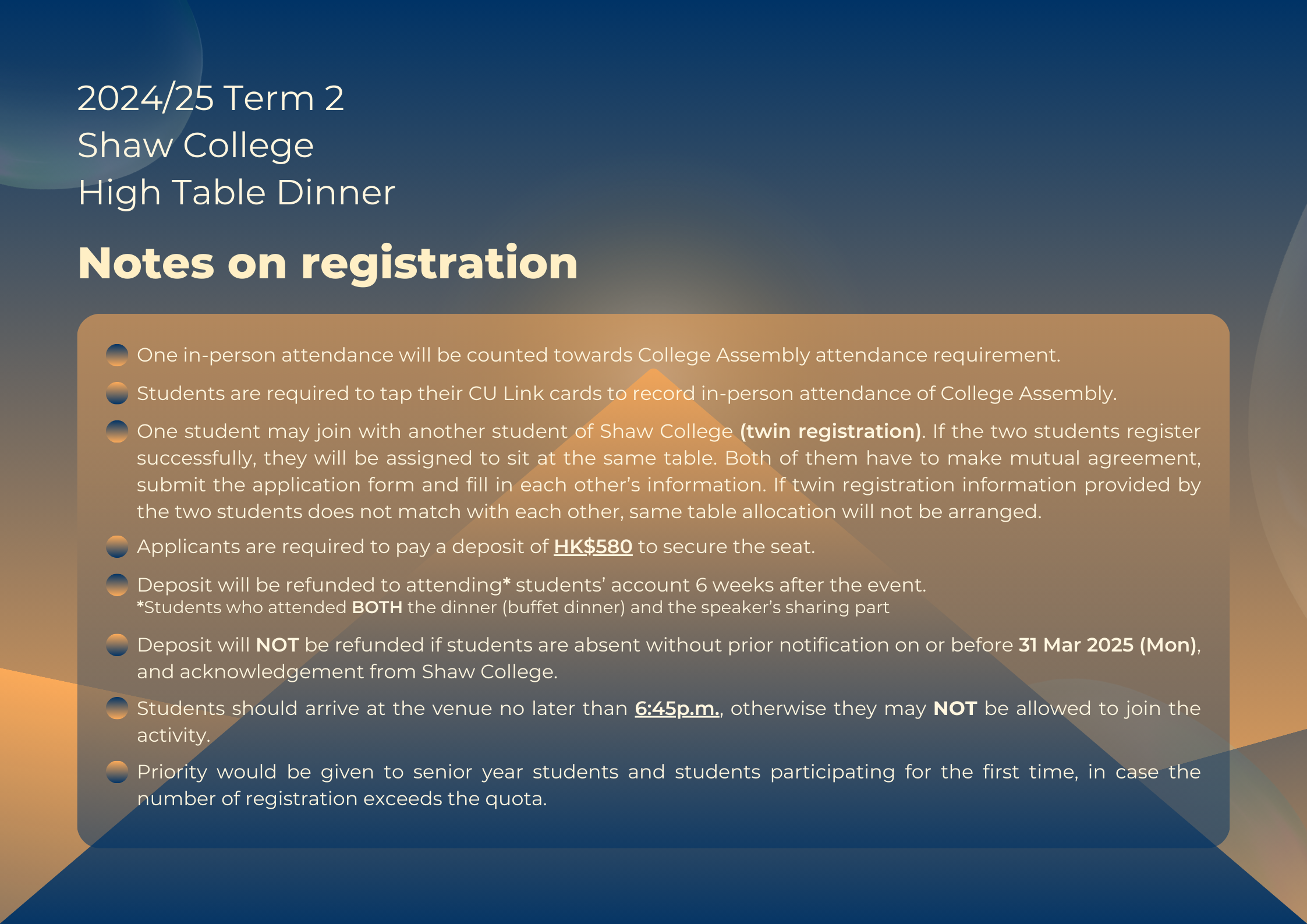 Notes to Registration: 2024/25 Term 2 High Table Dinner