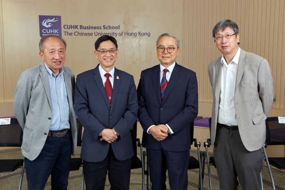 Photo of Professor Tsang Hon-ki (first from right) with (starting from second from the right) Mr Clement Fung, Chair of Board of Trustees of Shaw College, Professor Andrew Chan, then College Head and Professor Hau Kit-tai taken at the Board of Trustees meeting 2019